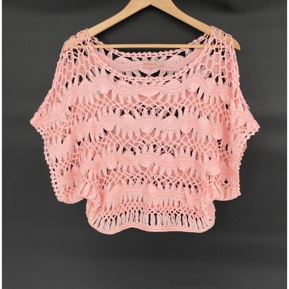 Essence Tops - Essence Soft Pink Crochet Open-Knit Top One Size Fits Most Festival Summer Boho